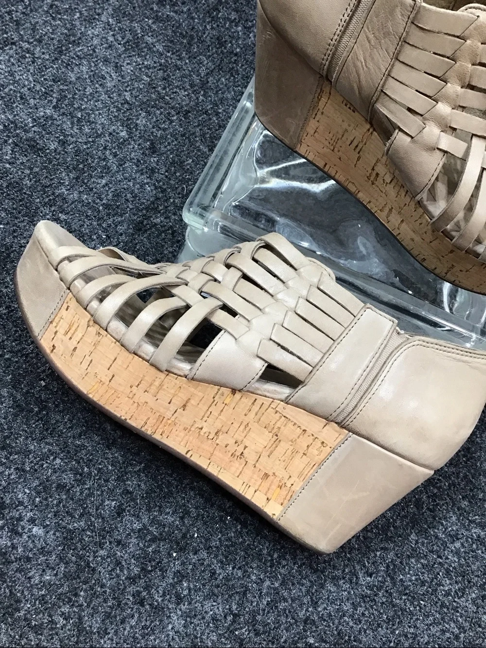Chocolat Blu Winix taupe leather Woven Cork platform Wedge Sandals 8